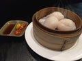 Chinese dim sum Har gow in bamboo basket Royalty Free Stock Photo