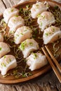 Chinese dim sum with shrimps served with microgreen close-up. vertical