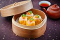 Chinese dimsum shrimp shao mai in bamboo steamer Royalty Free Stock Photo