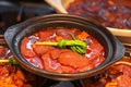 Chinese dish beef liver marinated in spicy sauce in a bowl