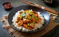 Chinese dish with szechuan chicken and rice Royalty Free Stock Photo