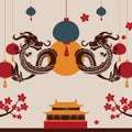 Chinese dragon art poster, vector illustration. Traditional oriental symbol. China culture festival invitation