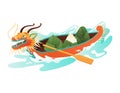 Chinese dragon boat with Asian food, zongzi dumplings. Vector cartoon illustration of Traditional oriental water