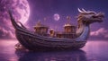 chinese dragon on the boat A fantasy boat with magical navigation, flying on a purple sky above a crystal lake with purple m