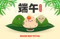 Chinese Dragon Boat Race Festival With Rice Dumpling, Cute Character Design Happy Dragon Boat Festival On Background Greeting Card