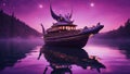 chinese dragon boat at sunset A fantasy motor boat with magical navigation, flying on a purple sky above a crystal lake.