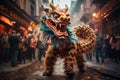 Chinese dragon dancing on the street, celebrate the new year 2024, traditional folklore of China, zodiac symbol for power and