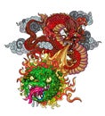 Hand drawn Chinese dragon fighting with Corona virus monster. isolate on white background.