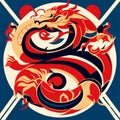 Chinese dragon head in the style of Chinese art on a blue background AI generated Royalty Free Stock Photo