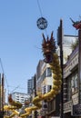 Chinese dragon with mouth open on display in Chinatown with yellow lanterns Yokohama, Japan