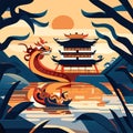 Chinese dragon and pagoda on the lake. Vector illustration in flat style AI generated Royalty Free Stock Photo
