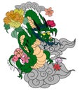 Chinese dragon with sakura flower and water splash tattoo.Illustration design tiger and cherry peach flower art vector. Royalty Free Stock Photo