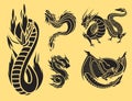 Chinese dragon silhouettes tattoo mythology tail monster magic icon asian animal art vector illustration.