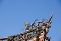 Chinese Dragon statue in the corner roof with blue sky