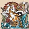 Chinese dragon versus tiger in the landscape Royalty Free Stock Photo