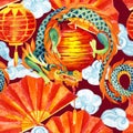 Chinese Dragon watercolor seamless pattern.