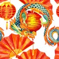 Chinese Dragon watercolor seamless pattern.
