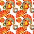 Chinese Dragon watercolor seamless pattern.