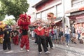 Chinese dragons and lions dancing in Chinatown, in 2020 Chinese New Year celebrations