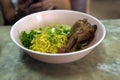 Chinese duck noodle or Egg noodles in a pink bowl with chopsticks Royalty Free Stock Photo