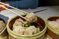 Chinese dumpling in a bamboo steamer box Royalty Free Stock Photo