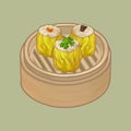 Chinese dumplings in a bamboo steamer illustration