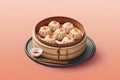 Chinese dumplings in bamboo steamer. Vector realistic illustration.