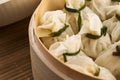 Chinese dumplings in bamboo steamers Royalty Free Stock Photo