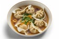 Chinese dumplings in bowl isolated on white background. Top view.