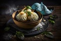 Chinese dumplings. Fresh Asian food served in a restaurant. Dark moody background. Food style photography.