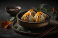 Chinese dumplings. Fresh Asian food served in a restaurant. Dark moody background. Food style photography.