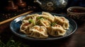 Chinese dumplings on plate. Generative AI Royalty Free Stock Photo