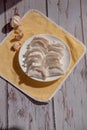 chinese dumplings on wooden table background