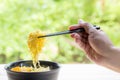 Chinese egg noodles with hand hold chopsticks Royalty Free Stock Photo