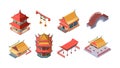 Chinese ethnic buildings isometric set. Asian traditional ancient style arch bridge multitier temple pagoda japanese