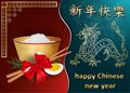 Chinese and European new year greeting card design, paper cut background is divided into two Golden dragon and rice bowl