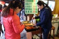 Chinese exotic food in street food market in water village Xitang, located in Zhejiang Province