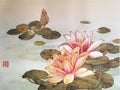 Chinese Fan Painting Lotus Waterlilies Flowers Flower Bird Brush Paintings Watercolor Prints Song Dynasty Royalty Free Stock Photo