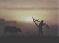 A Chinese Farmer Herding Cows Under The Sunset