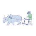 Chinese farmer plowing with buffalo in traditional costumes. Vector line art people plant rice of asian agricultural