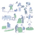 Chinese farmers and fishermen in traditional costumes. Vector line art set people plant rice, grow tea and go fishing