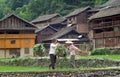 Chinese farmers going to work through rice terrace