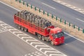 Chinese FAW truck with trailer loaded with tires, Beijing, China