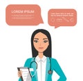 Chinese female doctor. Hospital worker speaking with speech bubble and holding clipboard.