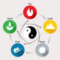 Chinese feng shui astrological symbols, fire, earth, metal, air and wood in a circle with yin yang symbol.