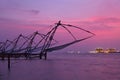 Chinese fishnets on sunset. Kochi, Kerala, India Royalty Free Stock Photo