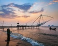 Chinese fishnets on sunset. Kochi, Kerala, India Royalty Free Stock Photo