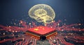 Chinese flag adorns a processor chip below glowing brain on dark circuit background Royalty Free Stock Photo
