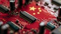 Chinese Flag on Microchip Circuit Board Royalty Free Stock Photo