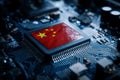 Chinese flag on microchip circuit board symbolizing technology and innovation. Royalty Free Stock Photo